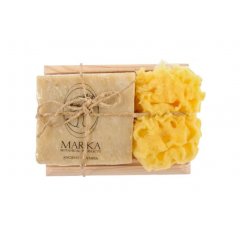 Alfeios wood case with small soap bar & sea sponge